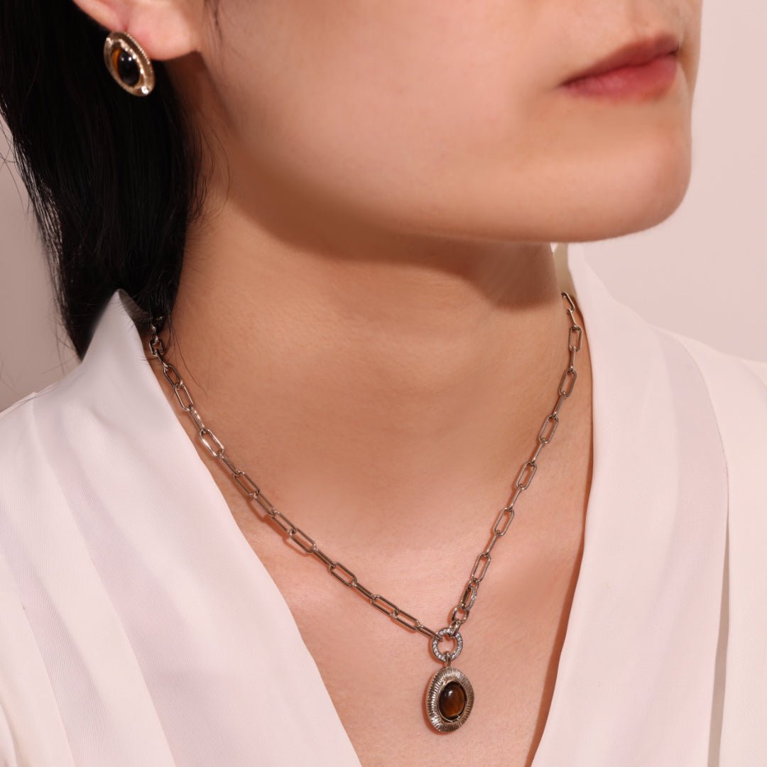 Boucles d'Oreilles Œil de Tigre et Zircons – Protection et Équilibre - Biloria