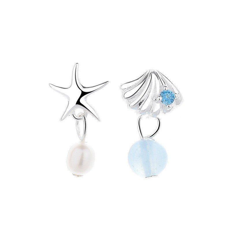Boucles d'oreilles pendantes Aigue marine Perle Asymétriques Argent - Biloria
