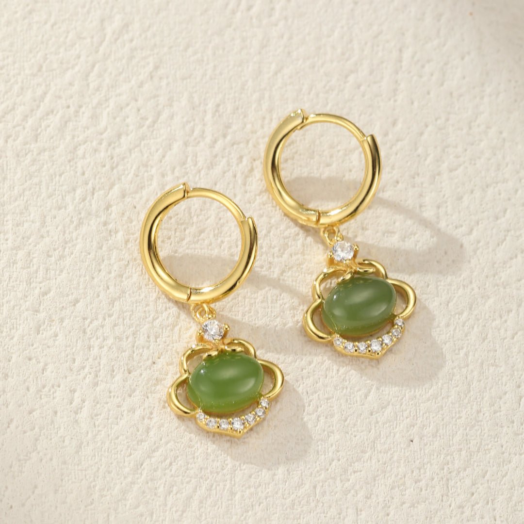 Boucles d'Oreilles Pendantes en Jade et Zircon, Argent Plaqué Or - Biloria