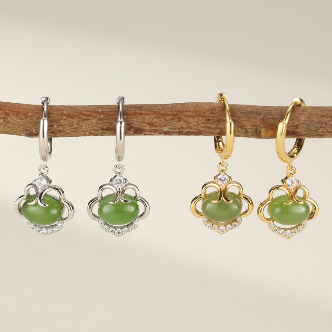Boucles d'Oreilles Pendantes en Jade et Zircon, Argent Plaqué Or - Biloria