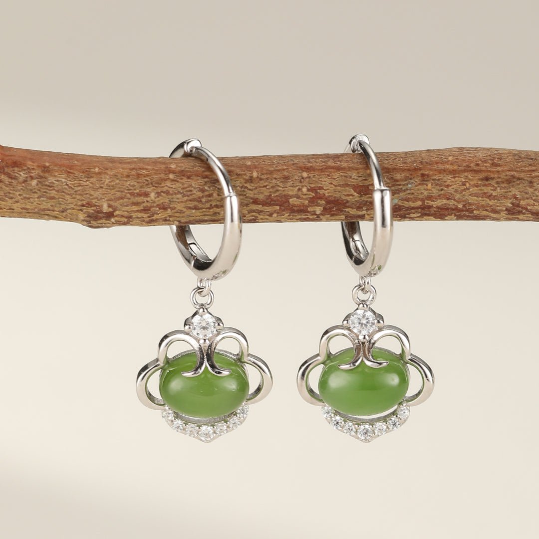 Boucles d'Oreilles Pendantes en Jade et Zircon, Argent Plaqué Or - Biloria