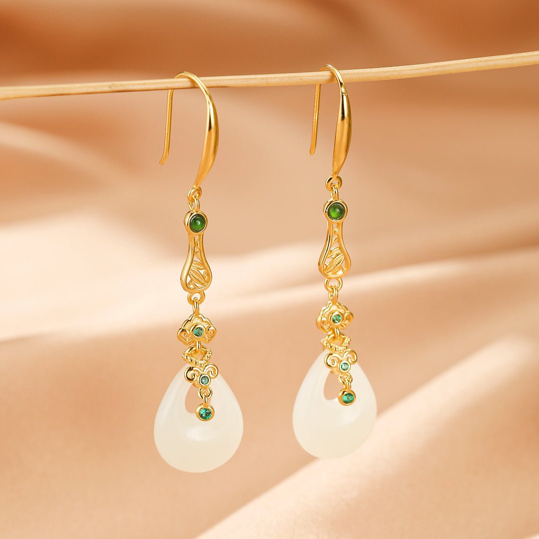 Boucles d'Oreilles Pendantes en Jade Naturel - Argent Plaqué Or - Biloria