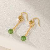 Boucles d'Oreilles Pendantes Jade et Perle, Harmonie Argent Plaqué Or - Biloria