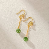 Boucles d'Oreilles Pendantes Jade et Perle, Harmonie Argent Plaqué Or - Biloria