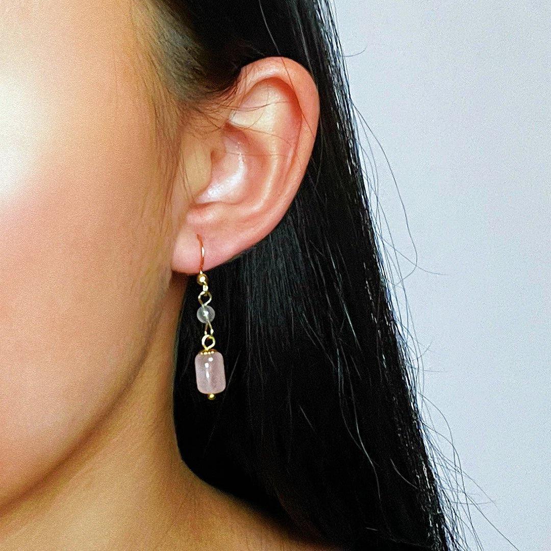 Boucles d'Oreilles Pendantes Labradorite et Quartz Rose - Biloria