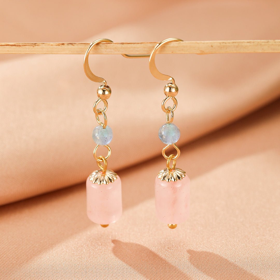 Boucles d'Oreilles Pendantes Labradorite et Quartz Rose - Biloria