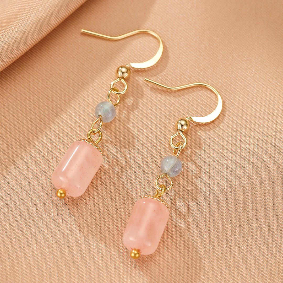 Boucles d'Oreilles Pendantes Labradorite et Quartz Rose - Biloria