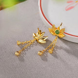 Boucles d'Oreilles Pendantes Lotus en Jade – Argent Plaqué Or - Biloria