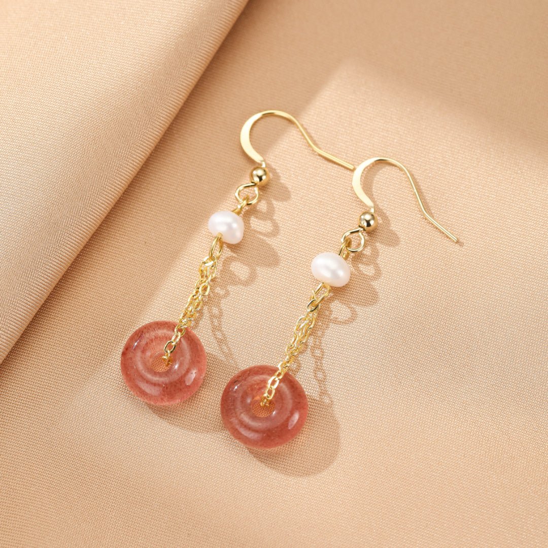 Boucles d'oreilles pendantes Quartz Fraise et Perle - Biloria