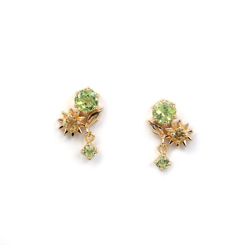 Boucles d'Oreilles Péridot Citrine Fleur Soleil Argent Plaqué Or - Biloria