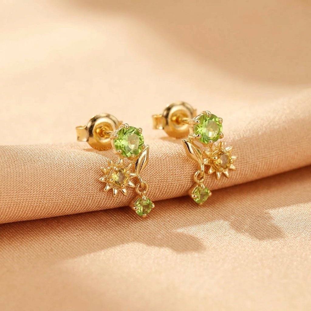 Boucles d'Oreilles Péridot Citrine Fleur Soleil Argent Plaqué Or - Biloria