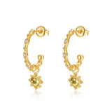 Boucles d'Oreilles Péridot Créoles Pendentif Soleil - Argent Plaqué Or - Biloria