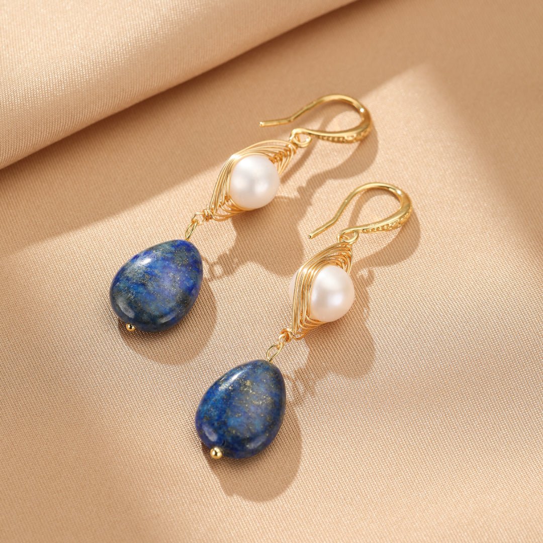 Boucles d'Oreilles Perle et Lapis Lazuli - Lithothérapie Féminine - Biloria