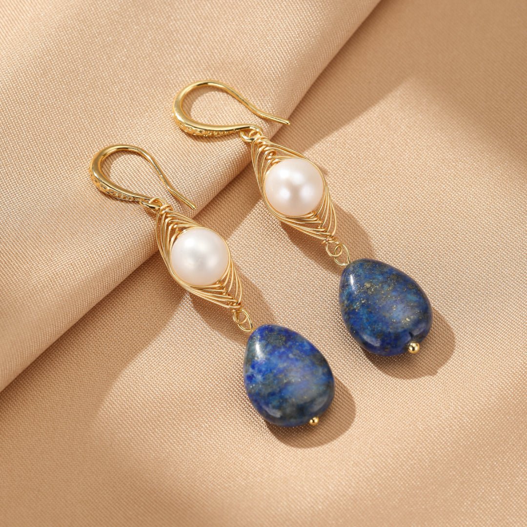 Boucles d'Oreilles Perle et Lapis Lazuli - Lithothérapie Féminine - Biloria