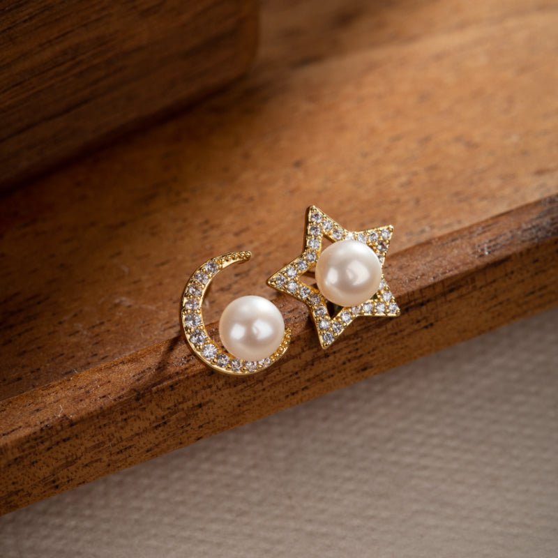 Boucles d'Oreilles Perle Étoile Lunaire Plaqué Or - Biloria