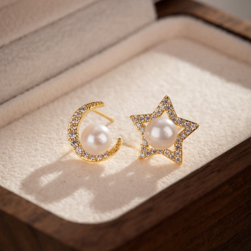 Boucles d'Oreilles Perle Étoile Lunaire Plaqué Or - Biloria