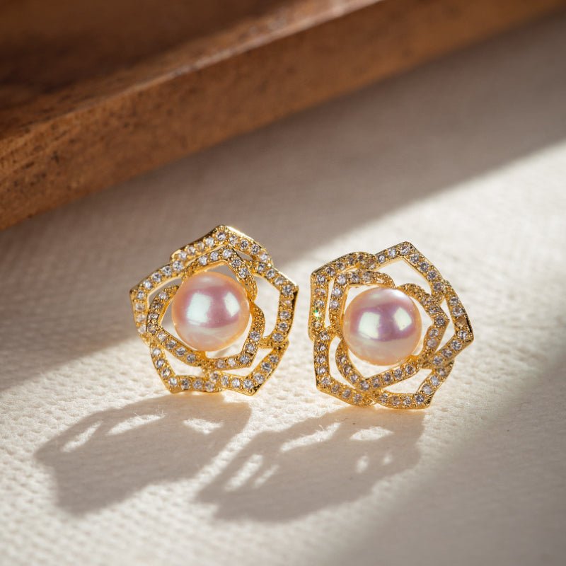 Boucles d'Oreilles Perle Naturelle 7mm – Cuivre Plaqué Or Zircon - Biloria