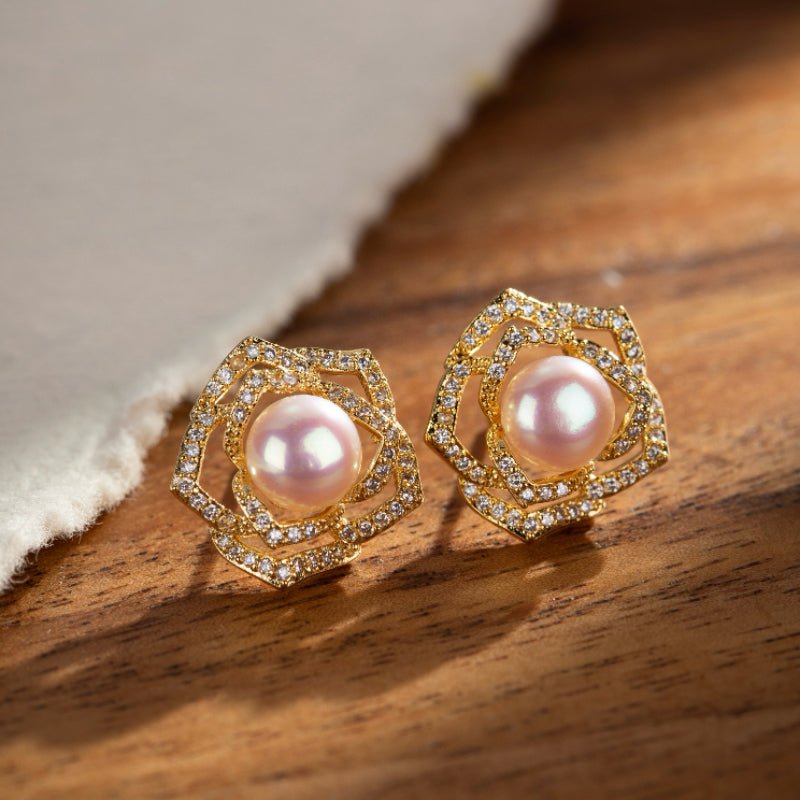 Boucles d'Oreilles Perle Naturelle 7mm – Cuivre Plaqué Or Zircon - Biloria