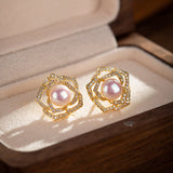 Boucles d'Oreilles Perle Naturelle 7mm – Cuivre Plaqué Or Zircon - Biloria