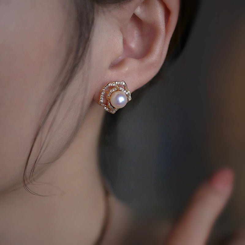 Boucles d'Oreilles Perle Naturelle 7mm – Cuivre Plaqué Or Zircon - Biloria