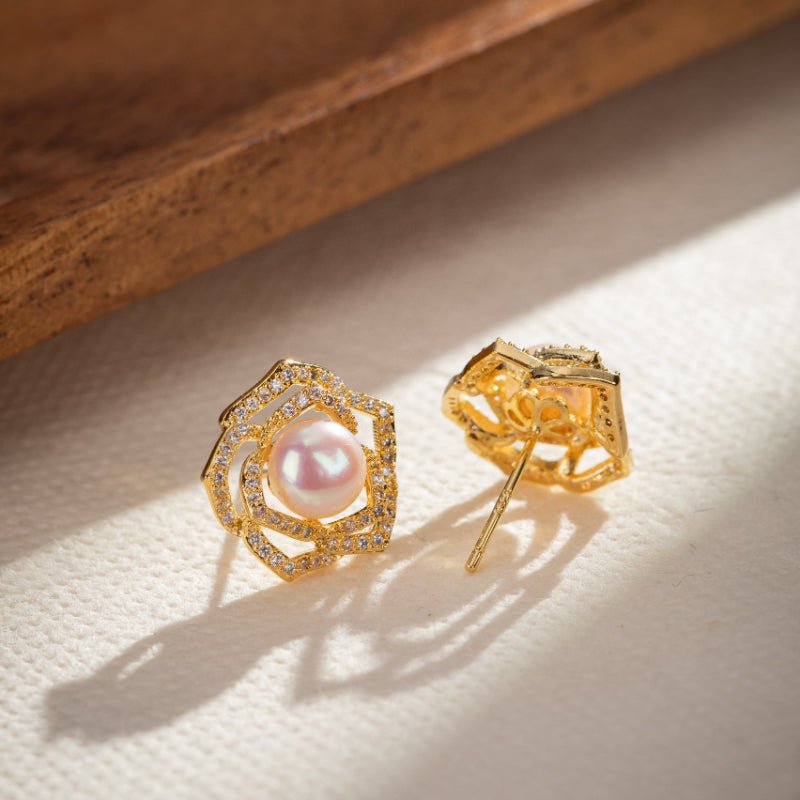 Boucles d'Oreilles Perle Naturelle 7mm – Cuivre Plaqué Or Zircon - Biloria