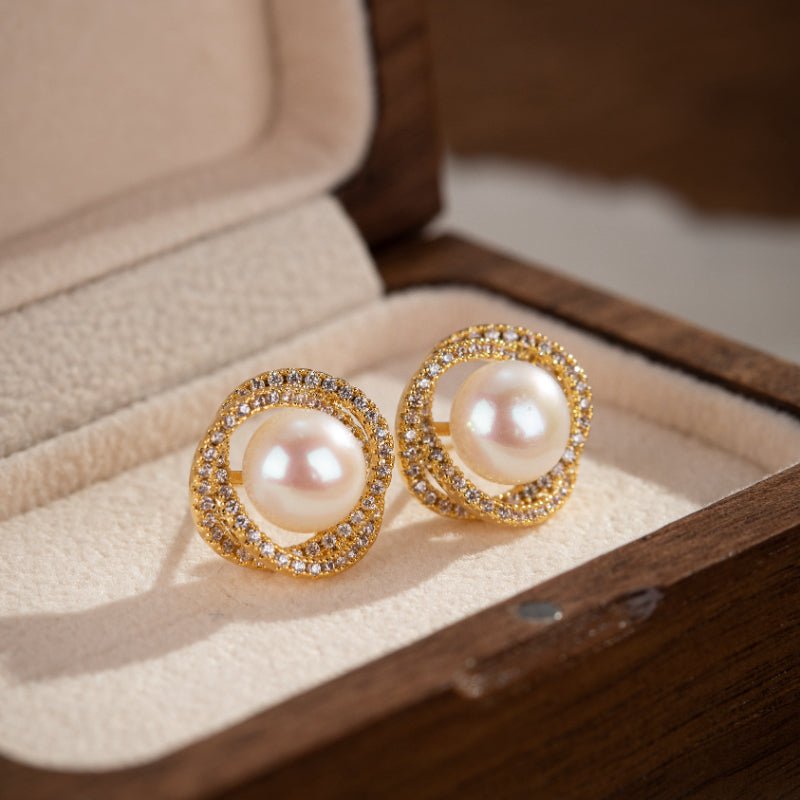 Boucles d'Oreilles Perle Naturelle 9mm – Argent Plaqué Or Zircons - Biloria