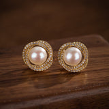 Boucles d'Oreilles Perle Naturelle 9mm – Argent Plaqué Or Zircons - Biloria