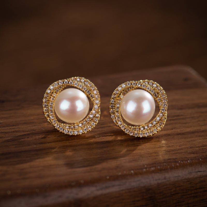 Boucles d'Oreilles Perle Naturelle 9mm – Argent Plaqué Or Zircons - Biloria