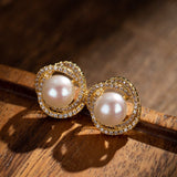 Boucles d'Oreilles Perle Naturelle 9mm – Argent Plaqué Or Zircons - Biloria