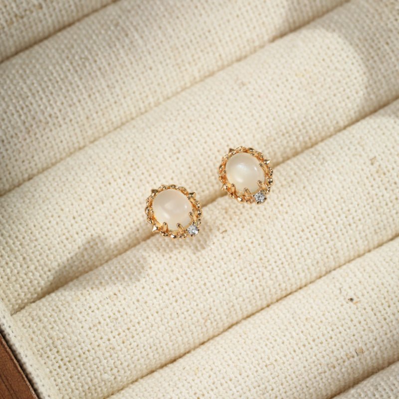 Boucles d'Oreilles Pierre de Lune et Zircon – Argent Plaqué Or S925 - Biloria