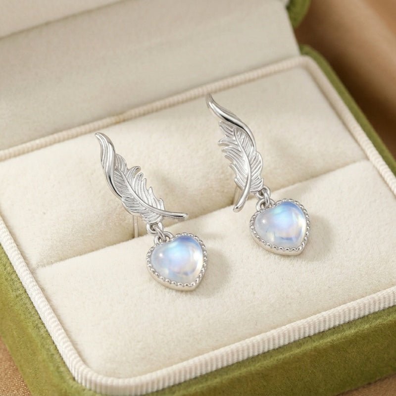 Boucles d'Oreilles Pierre de Lune Plume Céleste Argent S925 - Biloria