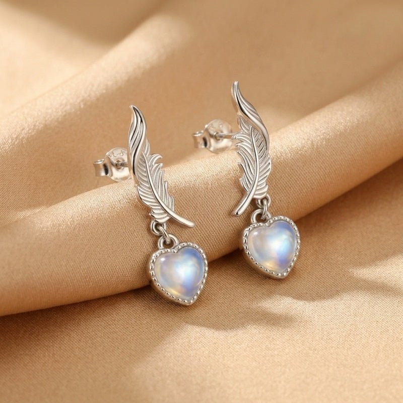 Boucles d'Oreilles Pierre de Lune Plume Céleste Argent S925 - Biloria