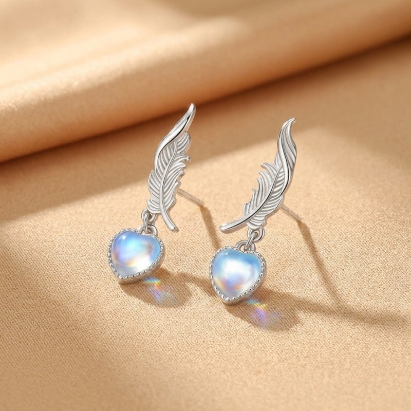 Boucles d'Oreilles Pierre de Lune Plume Céleste Argent S925 - Biloria