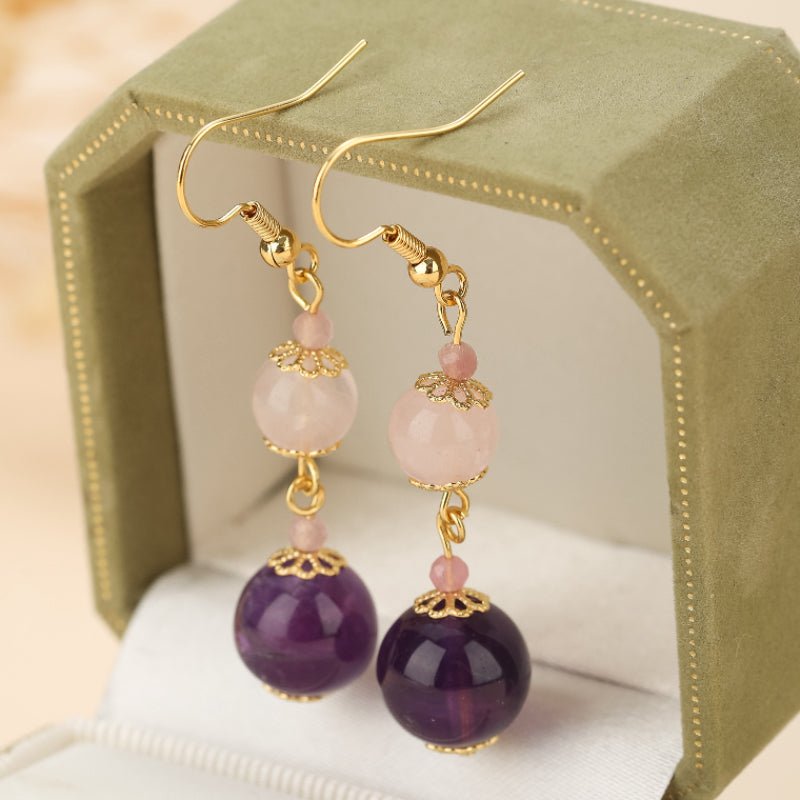 Boucles d'Oreilles Quartz Rose et Améthyste pour Sérénité - Biloria