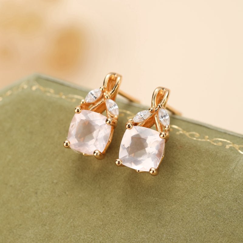 Boucles d'Oreilles Quartz Rose Feuillu Argent Plaqué Or - Biloria