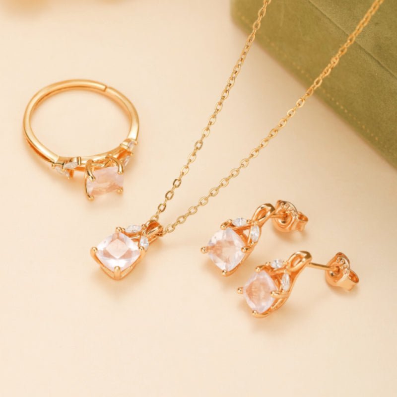 Boucles d'Oreilles Quartz Rose Feuillu Argent Plaqué Or - Biloria