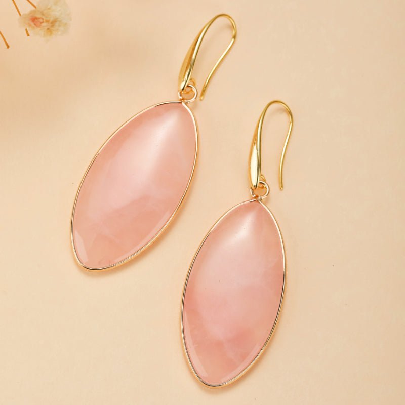 Boucles d'Oreilles Quartz Rose Laiton Plaqué Or 60 mm - Biloria