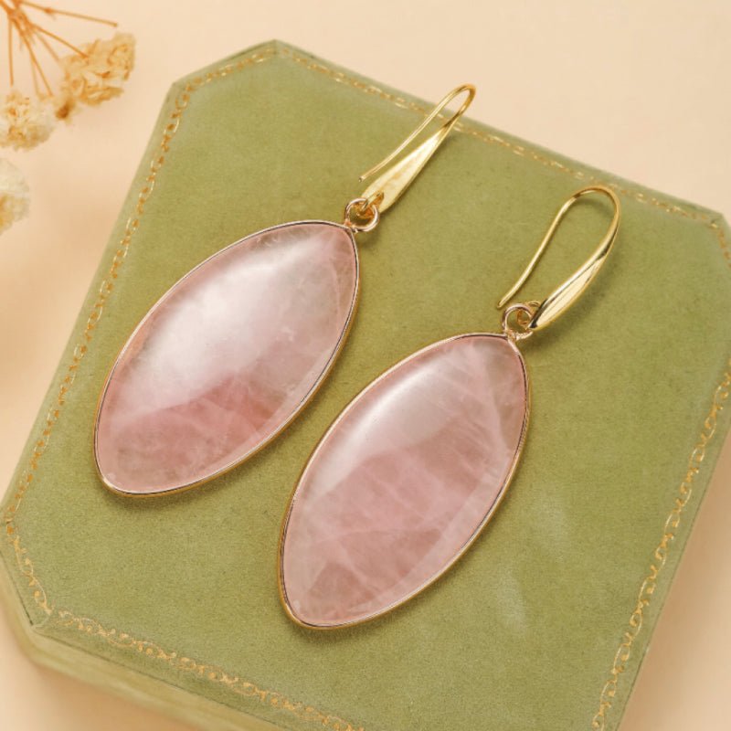 Boucles d'Oreilles Quartz Rose Laiton Plaqué Or 60 mm - Biloria