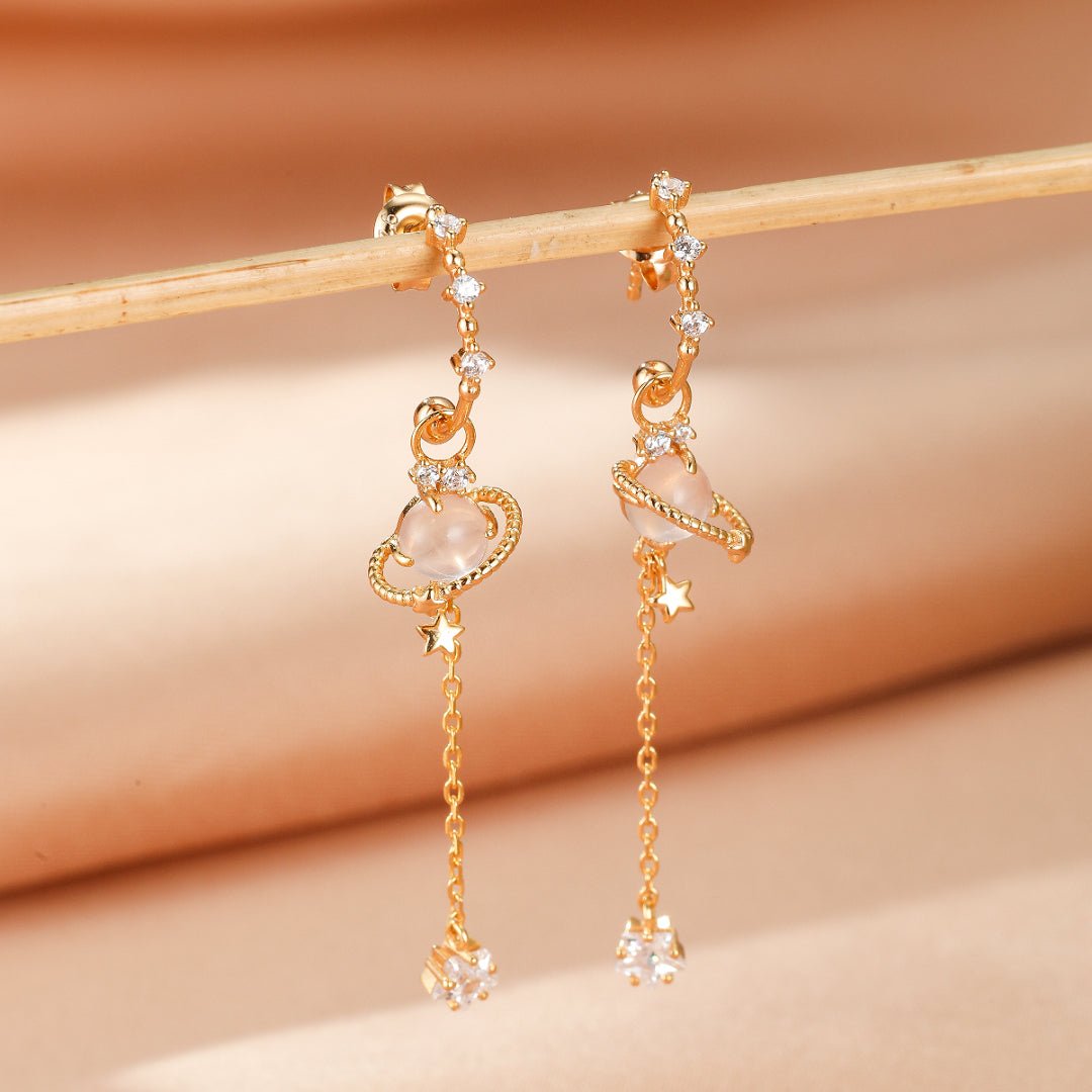 Boucles d'Oreilles Quartz Rose Planète - Argent Plaqué Or 14K - Biloria