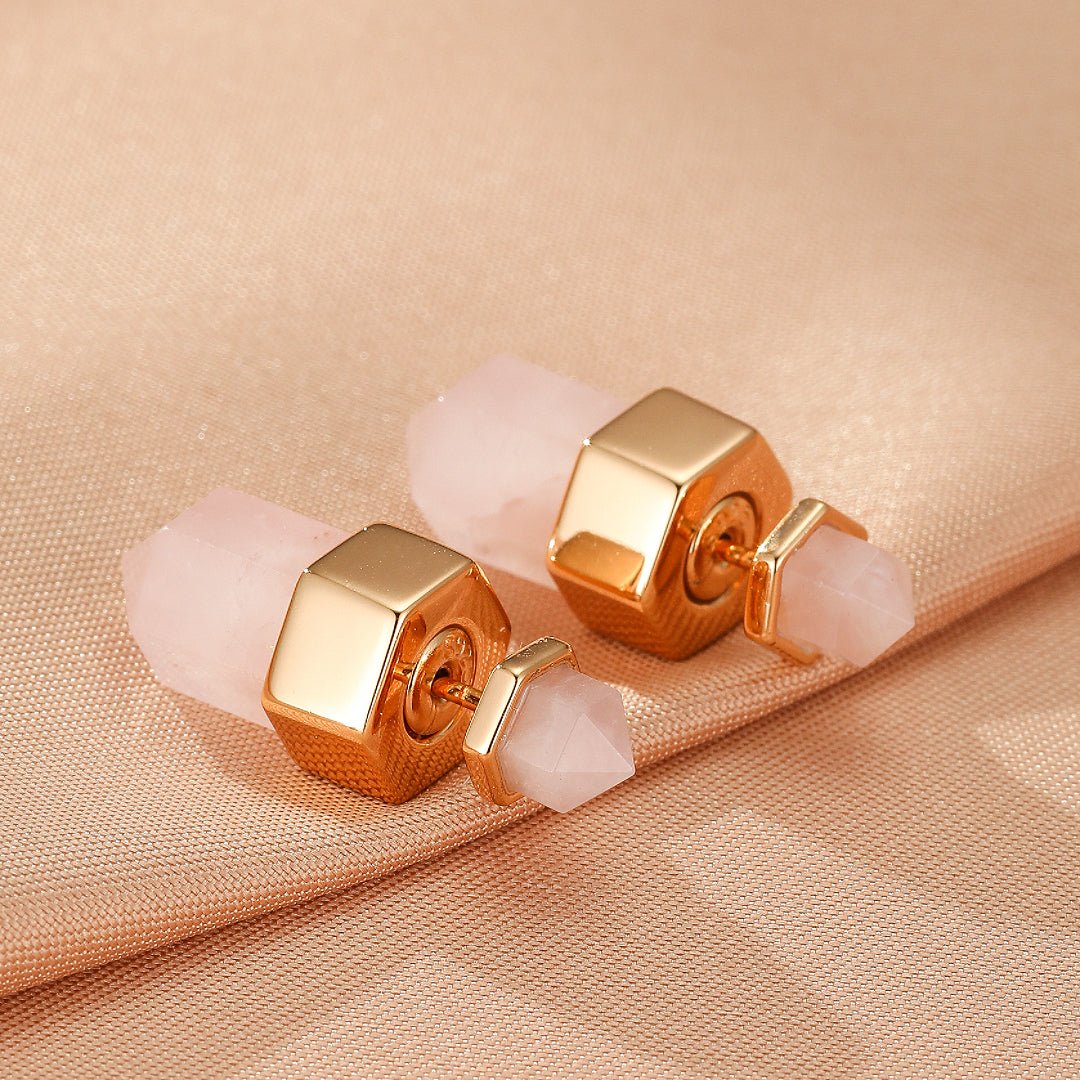 Boucles d'oreilles Quartz Rose Point de Lumière Argent plaqué Or 10K - Biloria