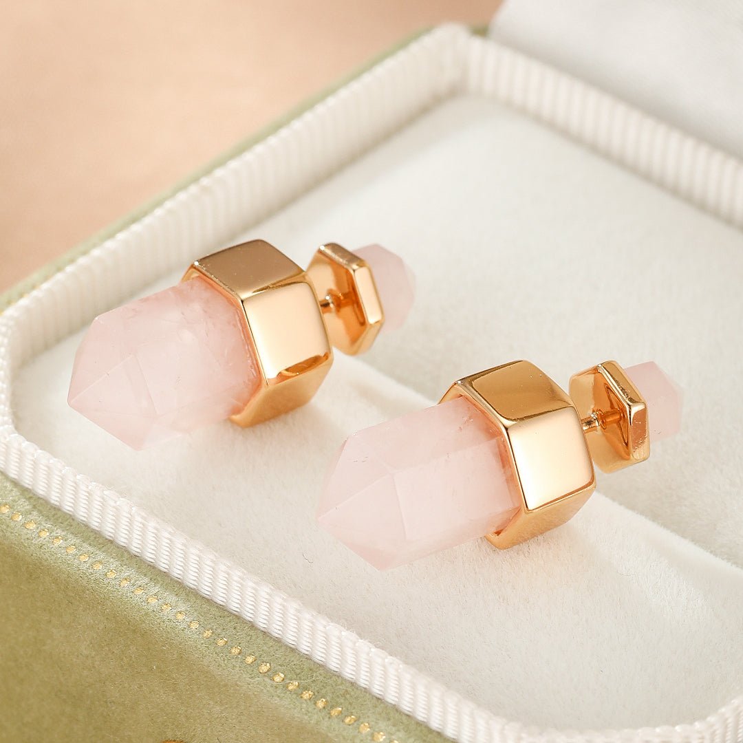 Boucles d'oreilles Quartz Rose Point de Lumière Argent plaqué Or 10K - Biloria