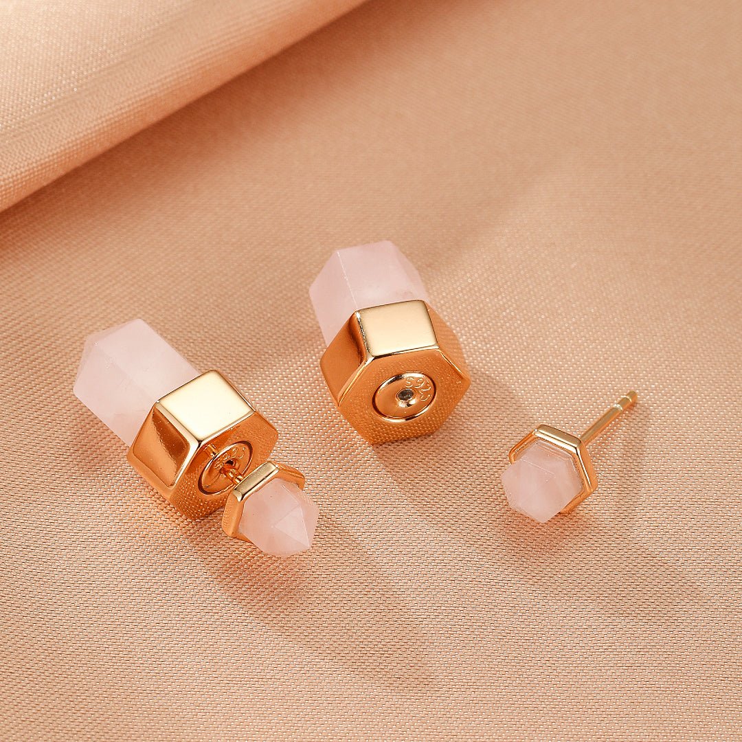 Boucles d'oreilles Quartz Rose Point de Lumière Argent plaqué Or 10K - Biloria