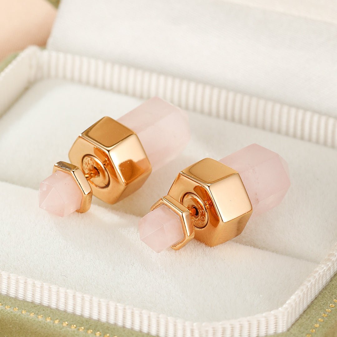 Boucles d'oreilles Quartz Rose Point de Lumière Argent plaqué Or 10K - Biloria