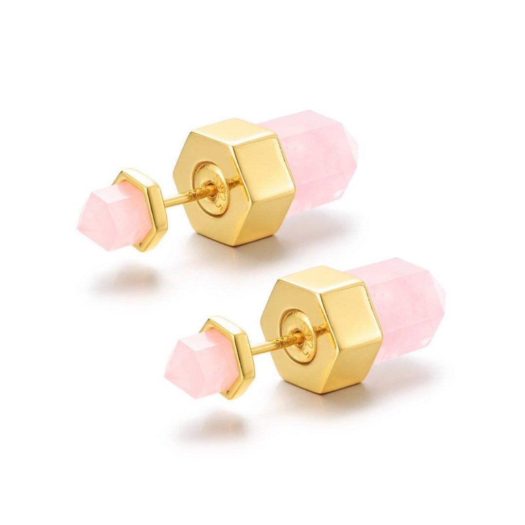 Boucles d'oreilles Quartz Rose Point de Lumière Argent plaqué Or 10K - Biloria