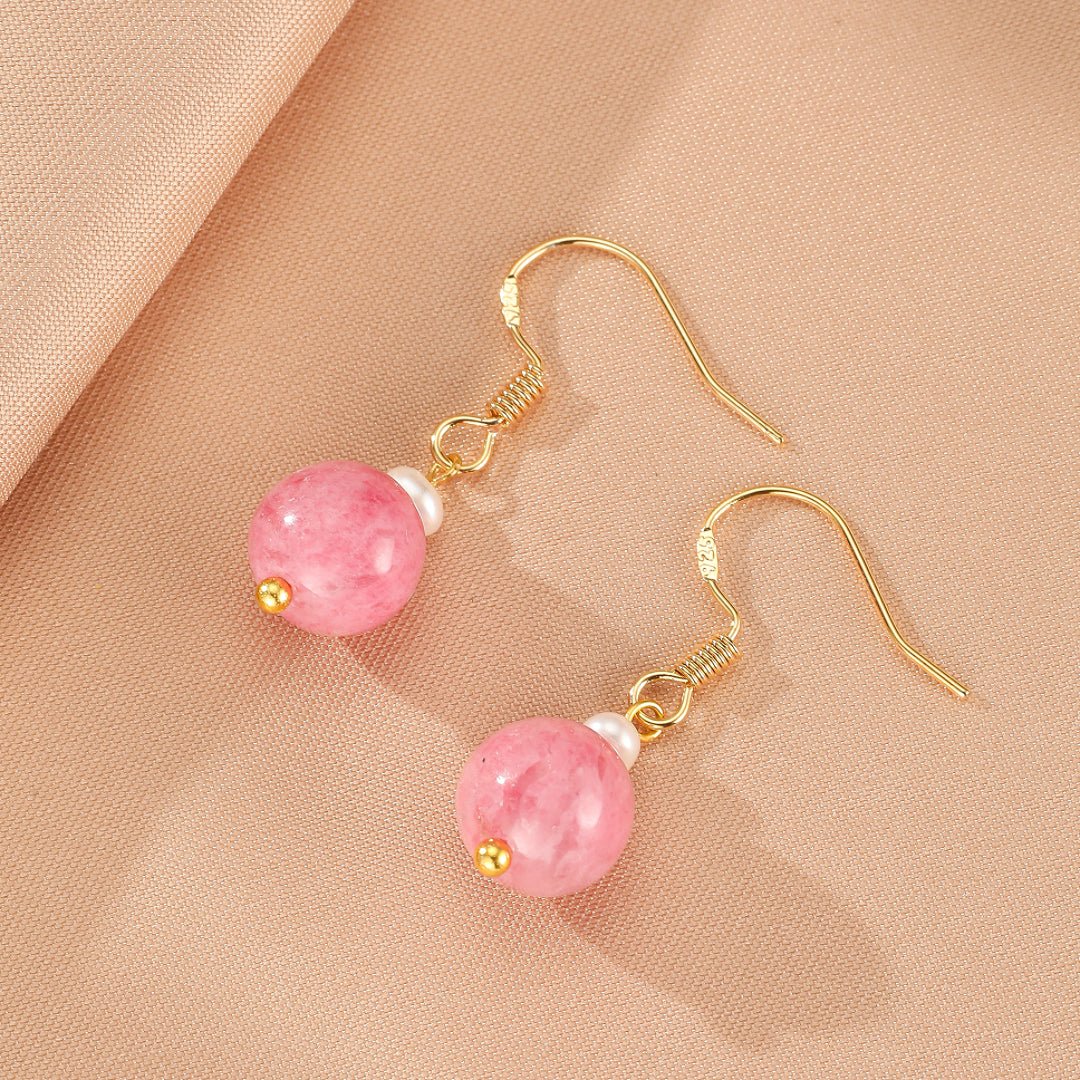 Boucles d'Oreilles Rhodonite Perle – Argent Plaqué Or - Biloria
