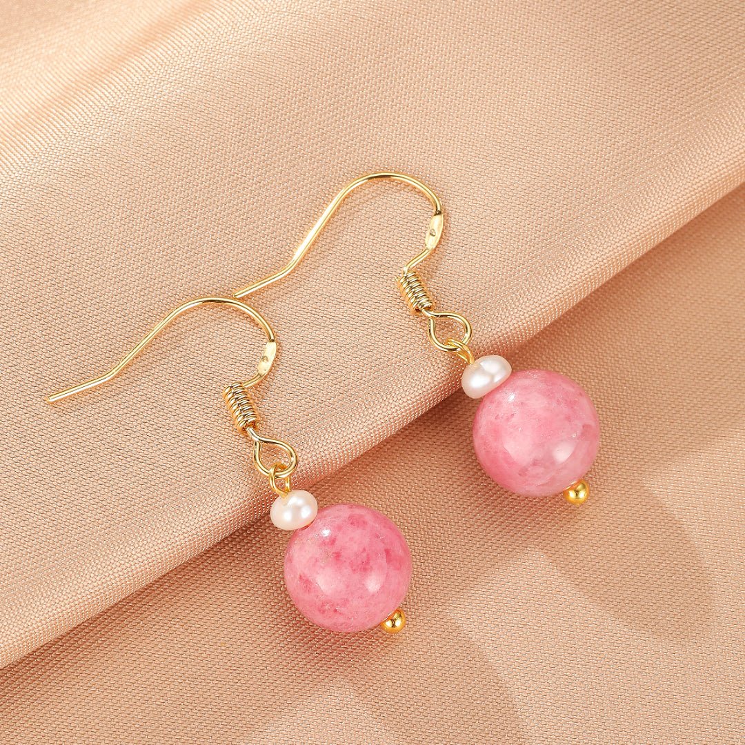 Boucles d'Oreilles Rhodonite Perle – Argent Plaqué Or - Biloria