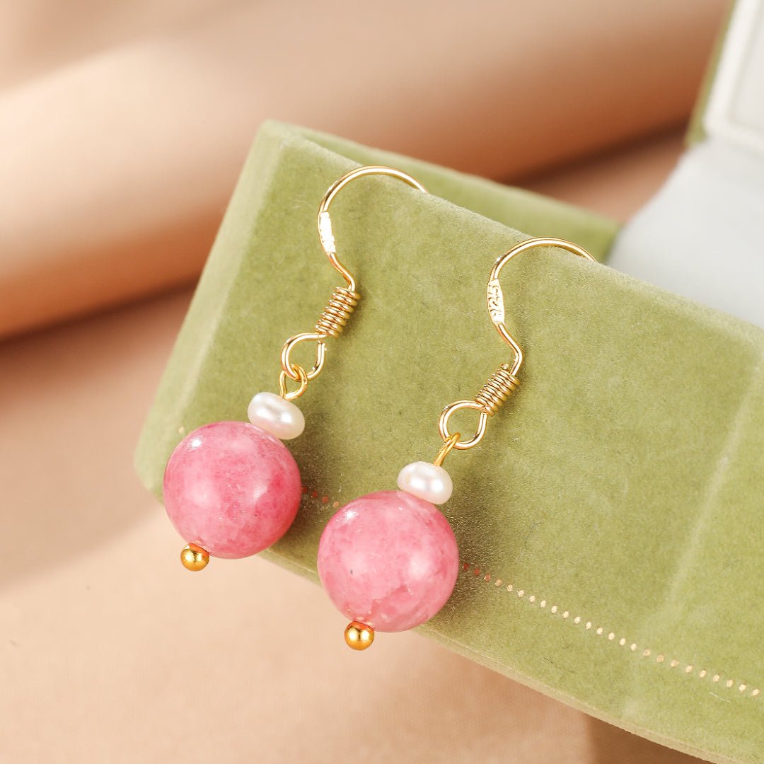 Boucles d'Oreilles Rhodonite Perle – Argent Plaqué Or - Biloria