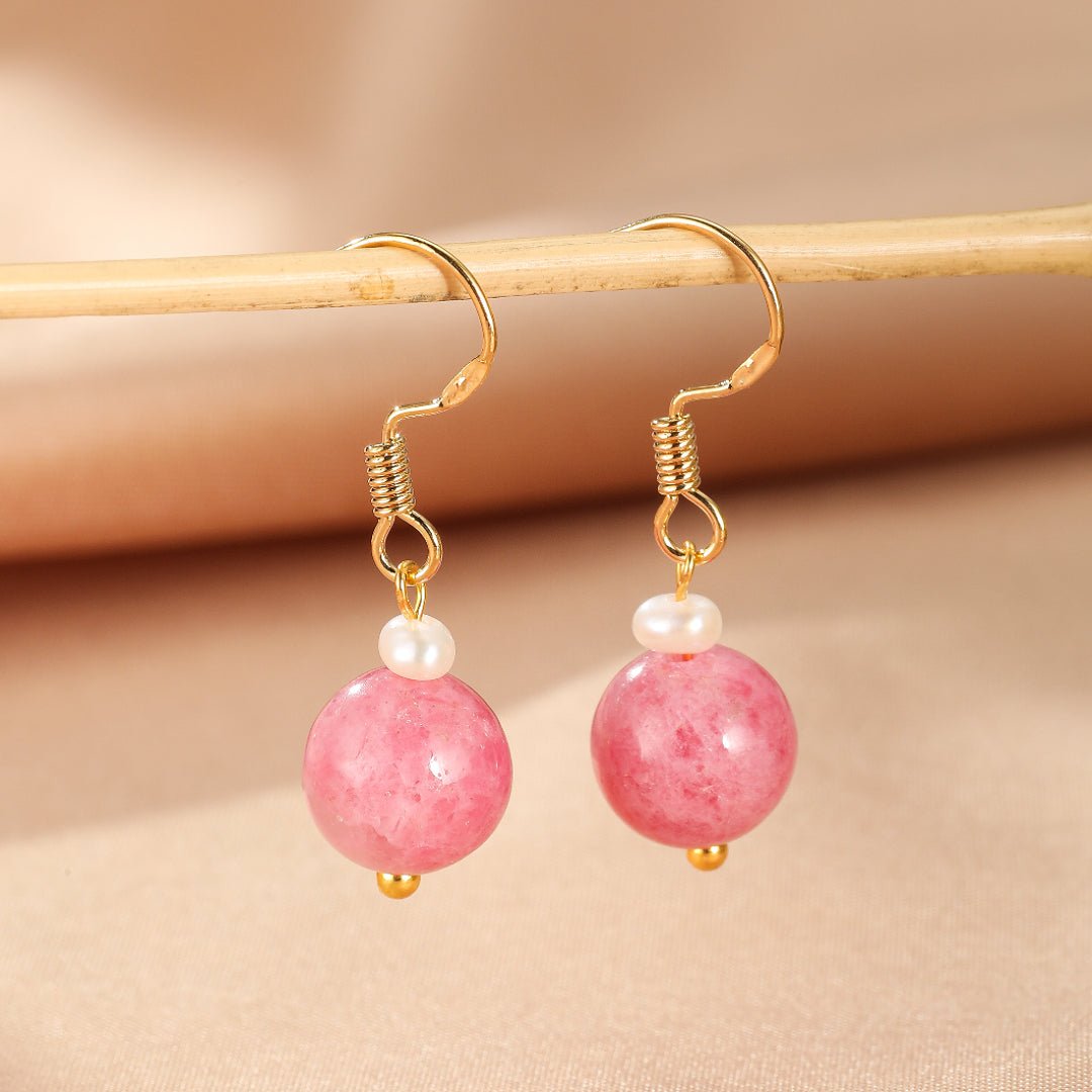 Boucles d'Oreilles Rhodonite Perle – Argent Plaqué Or - Biloria