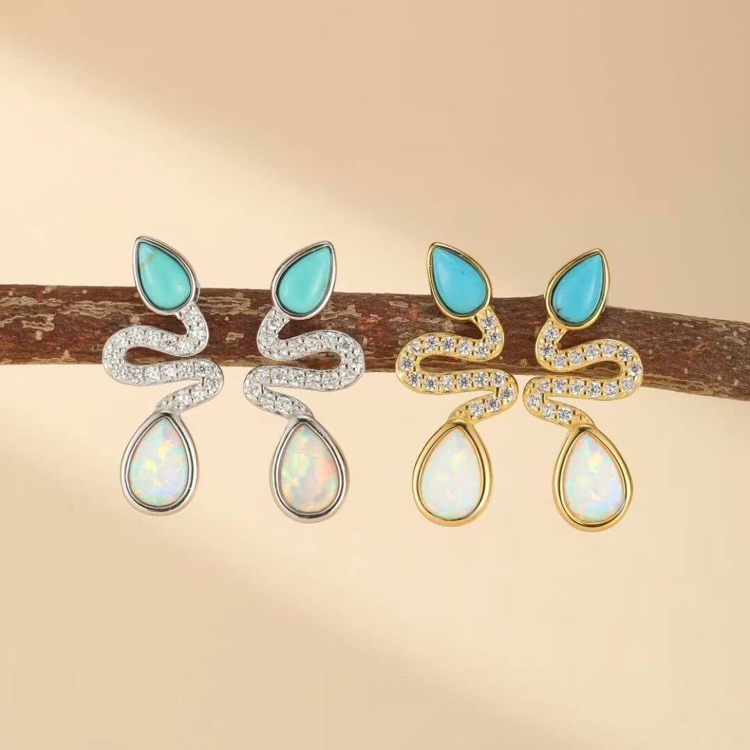 Boucles d'Oreilles Serpent Opale Turquoise Larmes de Lagon - Biloria
