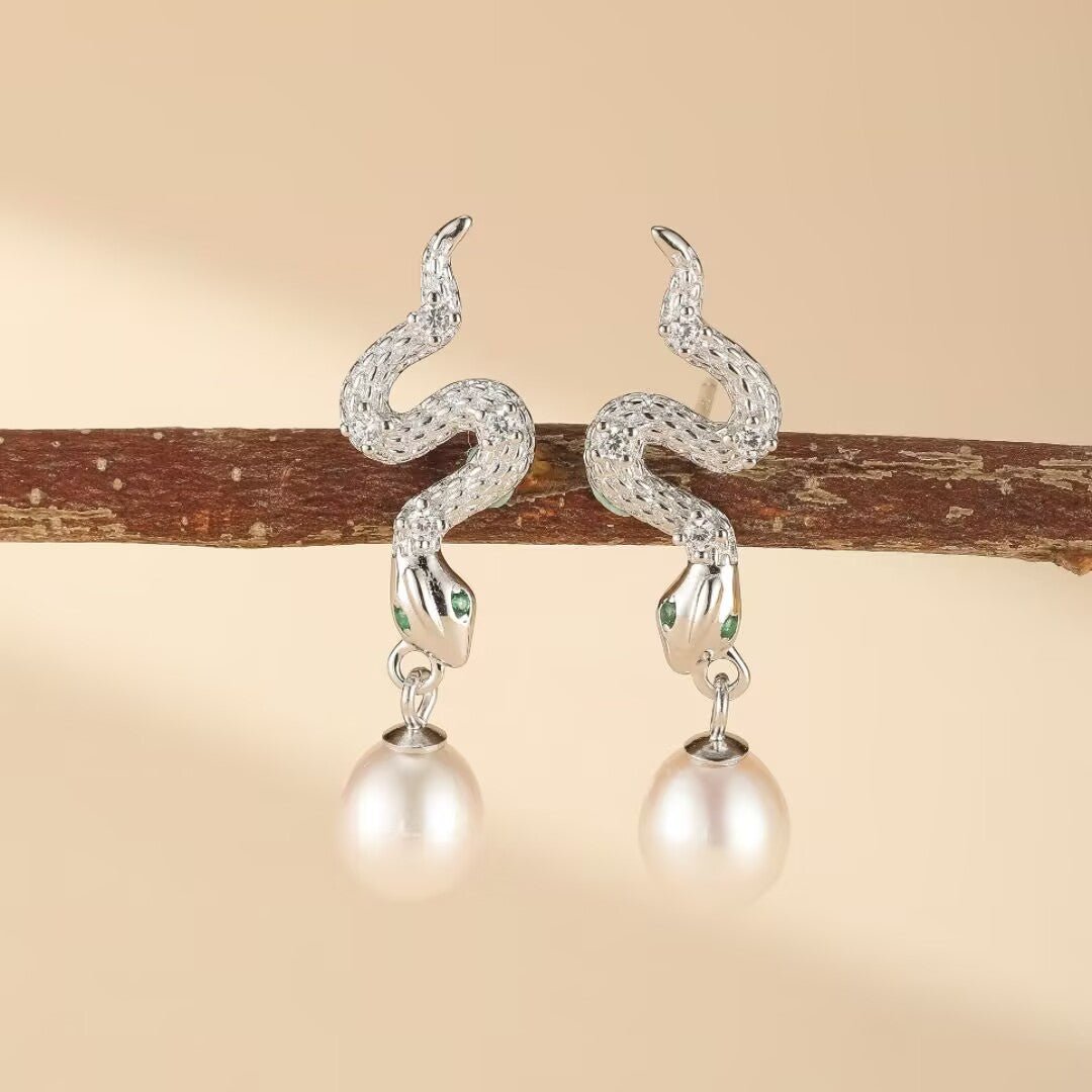 Boucles d'Oreilles Serpent Perle Naturelle - Argent 925 Fait Main - Biloria